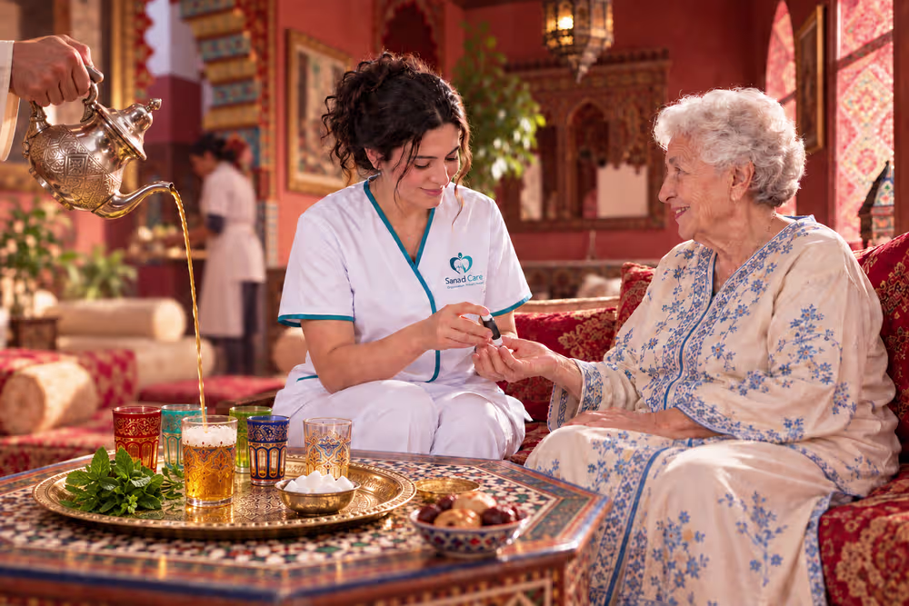 Sanad Care nurse providing elderly care and home nursing for a senior with family in Marrakech