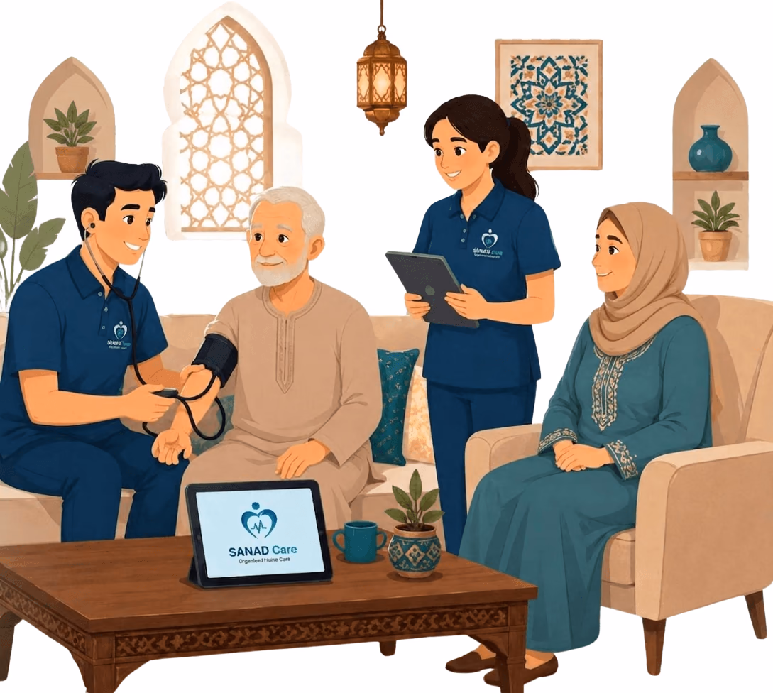 Infirmière Sanad Care prodiguant des soins à domicile à une personne âgée entourée de sa famille à Marrakech
